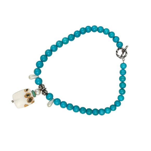 Handcrafted Faux Turquoise Bead Necklace With Unique Ceramic Pendant and Metal A - Picture 6 of 9